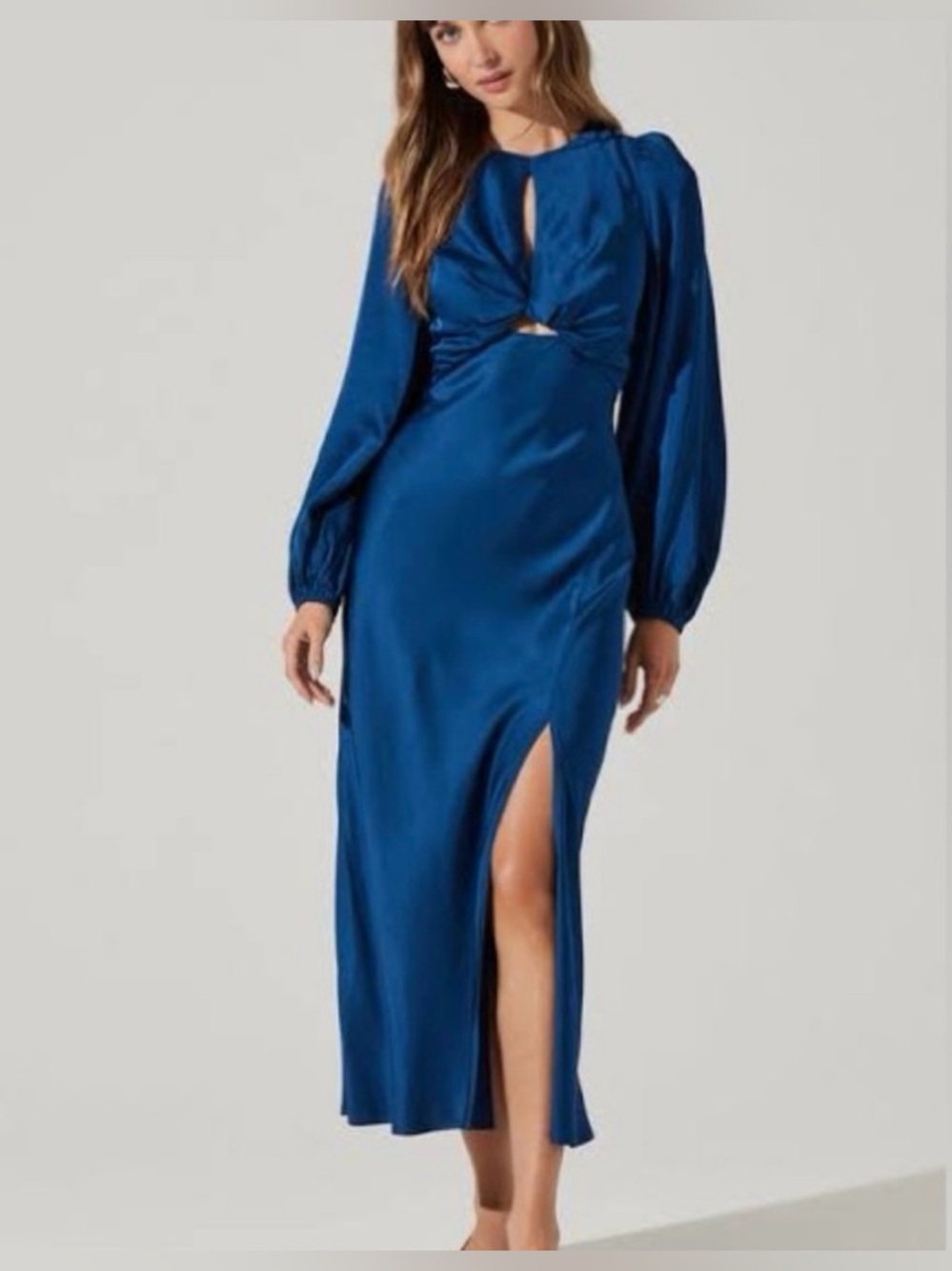 ASTR The Label Suzy Teal Satin Cutout Twist Front Maxi Dress Size L